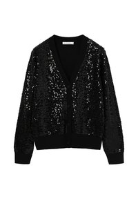 Schwarze Strickjacke, übersät mit Pailletten, mit tiefem V-Ausschnitt, langen Ärmeln und Knopfleiste. Weiche Textur mit glitzernden Verzierungen.