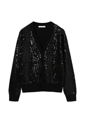 Čierny cardigan pokrytý flitrami, s hlbokým výstrihom do V, dlhými rukávmi a zapínaním na gombíky. Mäkká textúra s lesklými ozdobami.