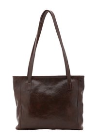 Borsa tote in pelle marrone con due manici allungati, superficie liscia, forma rettangolare e dettagli di piegatura visibili sulla superficie.
