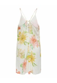 Bloemenjurk met gele en roze bloemen op een witte achtergrond, met dunne spaghettibanden en een gestrikt achterpaneel.