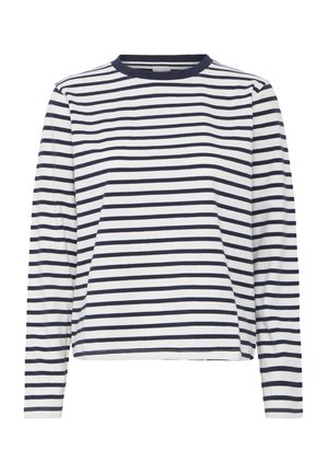 Long-sleeve striped shirt in white and navy blue. Features a crew neck, soft fabric, and even spacing of horizontal stripes. Simple design.