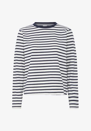 Langarmshirt mit weißen und marineblauen horizontalen Streifen. Verfügt über einen Rundhalsausschnitt, weichen Stoff und gleichmäßige Abstände der Streifen. Einfaches Design.