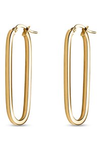 Gold hoop earrings with a smooth, elongated oval shape and a polished finish. They feature a hinged clasp for secure wear.