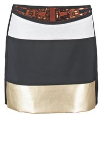 Zwart-witte rok met een gouden metallic ondergedeelte en bronzen paillettenaccenten op de tailleband. Gladde textuur.