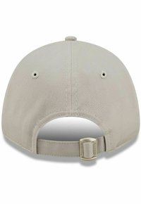 Light gray cap with a textured fabric, curved brim, adjustable strap at the back, featuring a metallic clasp and ventilation holes.