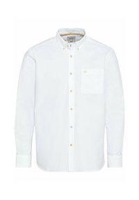 Witte lange mouwen shirt met button-down kraag, voor sluiting met knopen en borstzak. Heeft contrasterende gele accenten aan de binnenkant van de kraag.