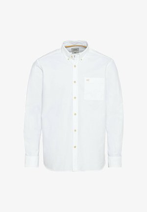 Weißes Langarmhemd mit Button-Down-Kragen, vorderer Knopfleiste und Brusttasche. Mit kontrastierenden gelben Akzenten an der Innenseite des Kragens.