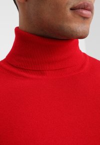 Roter Strickrollkragenpullover mit geripptem Textur und hohem Kragen. Nahaufnahme zeigt den glatten Stoff und die Details am Halsauschnitt.