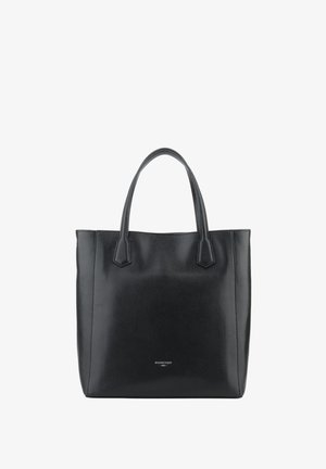 Sac cabas en cuir texturé noir avec deux anses, forme rectangulaire, et petit logo de marque argenté centré près du bas.