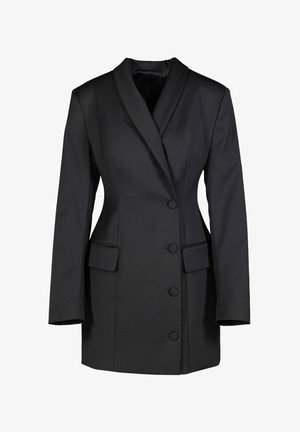 Zwarte op maat gemaakte blazer met lange mouwen, een reverskraag, zes knopen aan de voorkant, twee zijzakken en een gestructureerde silhouet.