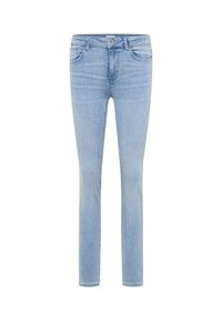 Gai zili džinsi ar šauru piegriezumu, ar piecām kabatām, pogu aizdari un smalku izbalējumu tekstūras radīšanai.