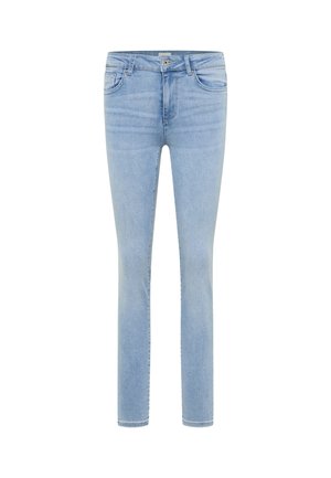 Jean en denim bleu clair à coupe slim, doté de cinq poches, d'une fermeture à bouton et d'un léger effet délavé pour la texture.
