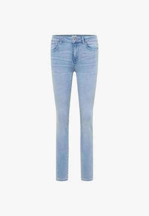 Light blue denim jeans with a slim fit, featuring five pockets, a button closure, and subtle fading for texture.