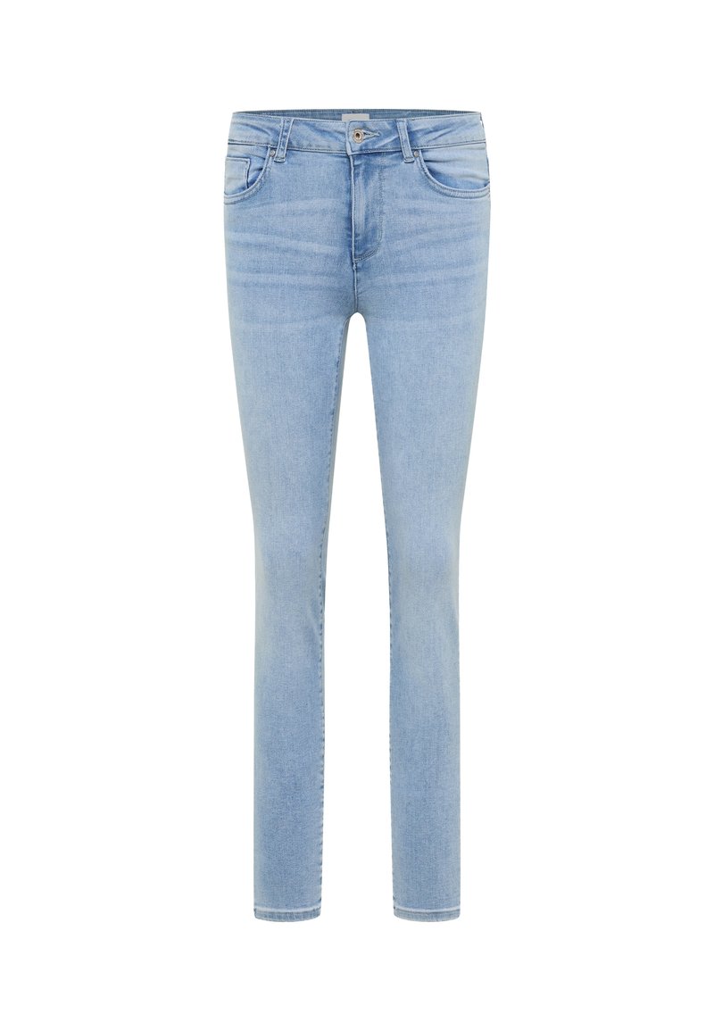 Gai zili džinsi ar šauru piegriezumu, ar piecām kabatām, pogu aizdari un smalku izbalējumu tekstūras radīšanai.