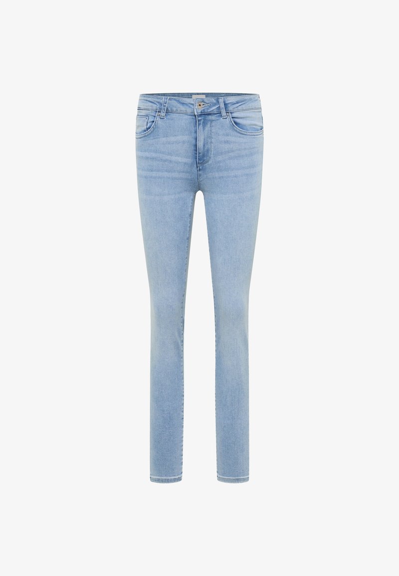 Ljusblå denimjeans med slim fit, featuring fem fickor, knappstängning och subtila blekningar för textur.