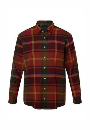 Geruite flanellen overhemd in rood, groen en gele tinten. Voorzien van een button-down kraag, lange mouwen en een knoopsluiting aan de voorkant.