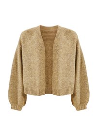 Beige gestrickte Strickjacke mit einem kurzen Design, offener Vorderseite und übergroßen Ärmeln. Rippensaum und strukturierter Stoff verleihen ein gemütliches Aussehen.