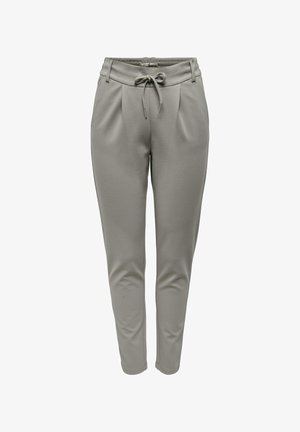 Hellegraue Hose aus weichem Stoff mit Zugbandbund, gefalteter Vorderseite, schmal zulaufenden Beinen und knöchellangem Design.