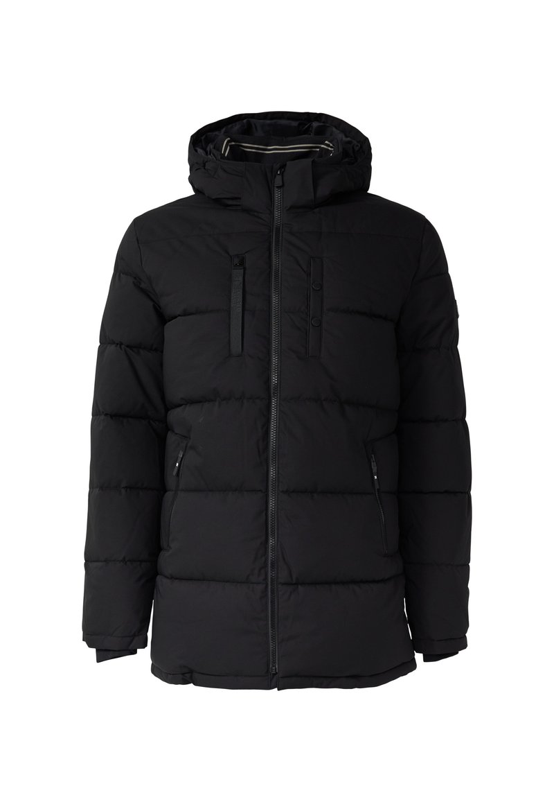 Schwarze Daunenjacke mit Kapuze, Frontreißverschluss, zwei seitlichen Reißverschlusstaschen und zwei Brusttaschen mit Klappen und Druckknopfverschlüssen.