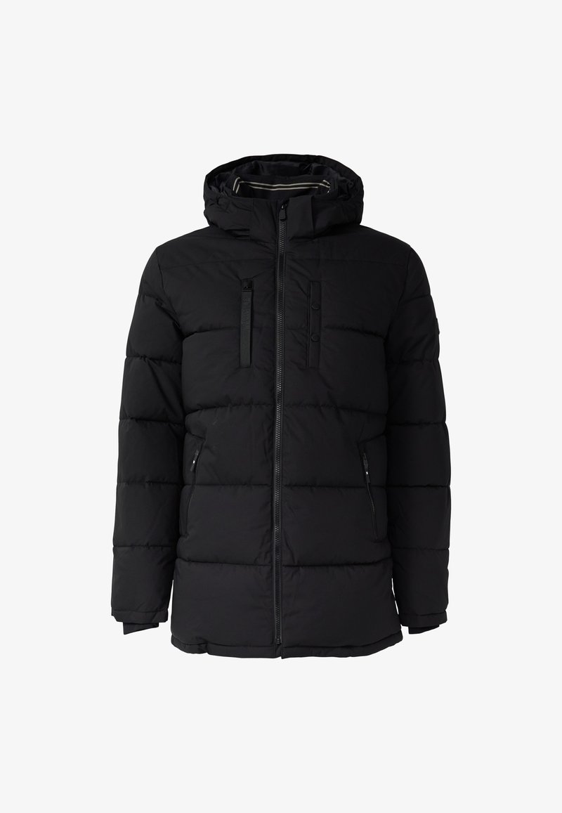 Schwarze Daunenjacke mit Kapuze, Frontreißverschluss, zwei seitlichen Reißverschlusstaschen und zwei Brusttaschen mit Klappen und Druckknopfverschlüssen.
