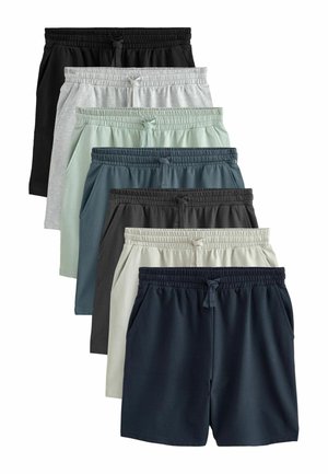 Eight pairs of shorts in varying shades: black, grey, green, teal, and navy. Each features an elastic waistband and side pockets.