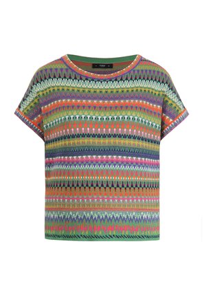 Short-sleeve knit top in green with multicolored zigzag and geometric patterns. Features a rounded neckline and loose fit.