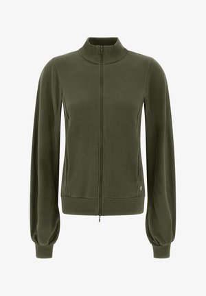 Olivgrüne Zip-Jacke aus weichem Material, mit hohem Kragen, langen gepufften Ärmeln und Rippbündchen sowie -saum.