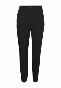 Pantalons noirs sur mesure avec une coupe droite, présentant une texture lisse, des passants de ceinture et des détails de poches.