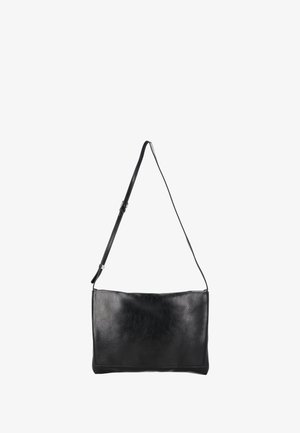 Sac à bandoulière rectangulaire en cuir noir avec sangle réglable, design minimaliste et texture lisse.
