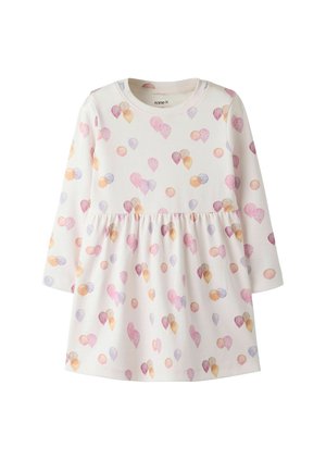 Hvit todelt kjole med langermet, innsvingt midje og trykk av rosa, lilla og oransje ballonger over hele stoffet.