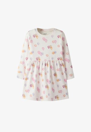 Hvit todelt kjole med langermet, innsvingt midje og trykk av rosa, lilla og oransje ballonger over hele stoffet.