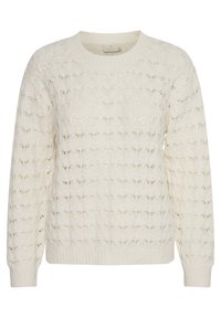 Maglione lavorato a maglia color crema con un motivo a punto aperto testurizzato, scollo tondo e polsini e orlo a costine, dotato di maniche lunghe.