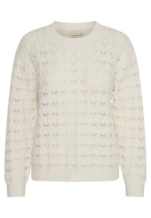 Cremfarbener Strickpullover mit einem strukturierten, offenen Maschenmuster, Rundhalsausschnitt und gerippten Bündchen sowie Saum und langen Ärmeln.