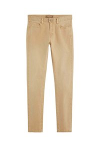 Jeans de algodón beige con un corte ajustado, costuras en contraste, cinco bolsillos y una etiqueta en la cintura. Textura suave y perneras rectas.