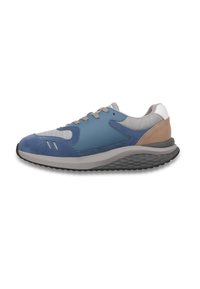 Blue athletic shoes with a suede and mesh upper, featuring gray accents and a brown heel. Rubber sole with a textured pattern.