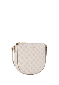 Bež ramična torbica z nežnim vzorcem, teksturirano tkanino, zlatim kovinskimi elementi in nastavljivim trakom. Zapira se z zadrgo.