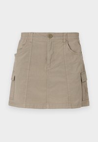 Gonna cargo khaki con vita, tasche frontali e tasche cargo laterali. Realizzata in un tessuto leggero con una texture liscia.
