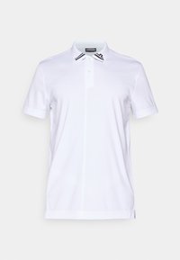 Hvit polo-skjorte laget av glatt stoff, med klassisk krage, to-knappers placket og svarte striper på kragen.