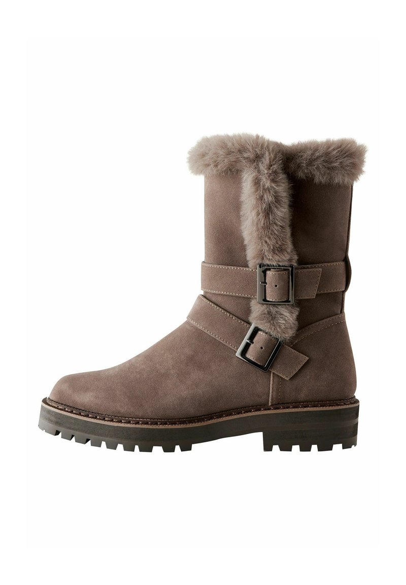 Brown suede ankle boots with a faux fur cuff, two adjustable buckle straps, and a textured rubber sole for traction.