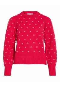 Pull rouge en maille avec des pois rose clair, poignets, ourlet et encolure ronde côtelés.