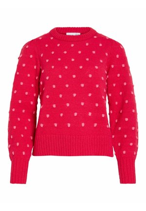 Czerwony sweter z dzianiny w jasnoróżowe groszki, z prążkowanymi ściągaczami na mankietach, dole i dekoltem typu crew.