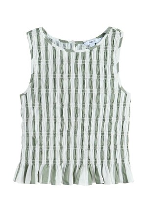 Ärmelloses Top mit weißen und grünen vertikalen Streifen, geraffter Stoffstruktur und gerüschtem Saum, Rundhalsausschnitt und Knopfverschluss hinten.