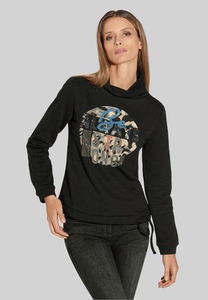 Black sweatshirt with cowl neck, featuring a multicolored graphic design and text. Soft, textured fabric with adjustable side ties.