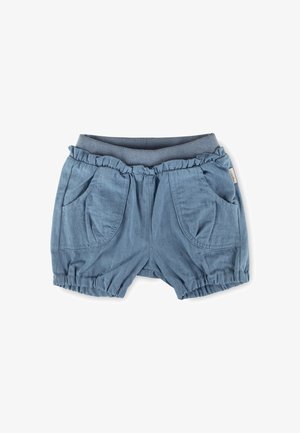 Weiche blaue Kleinkind-Shorts mit elastischem Bund und Bündchen, vorne geraffte Taschen und leichte Baumwollstoffe.