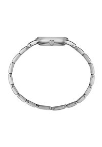 Sølvmetallisk ur med en strømlinet rund kasse, kædearmbåndsdesign og cirkulært hardware-detalje med et subtile brandlogo.