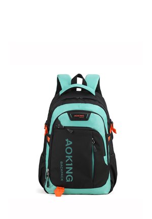 Zwarte en turquoise rugzak met gevoerde schouderbanden, meerdere ritscompartimenten en oranje accenten. Voorzien van merklogo-details.