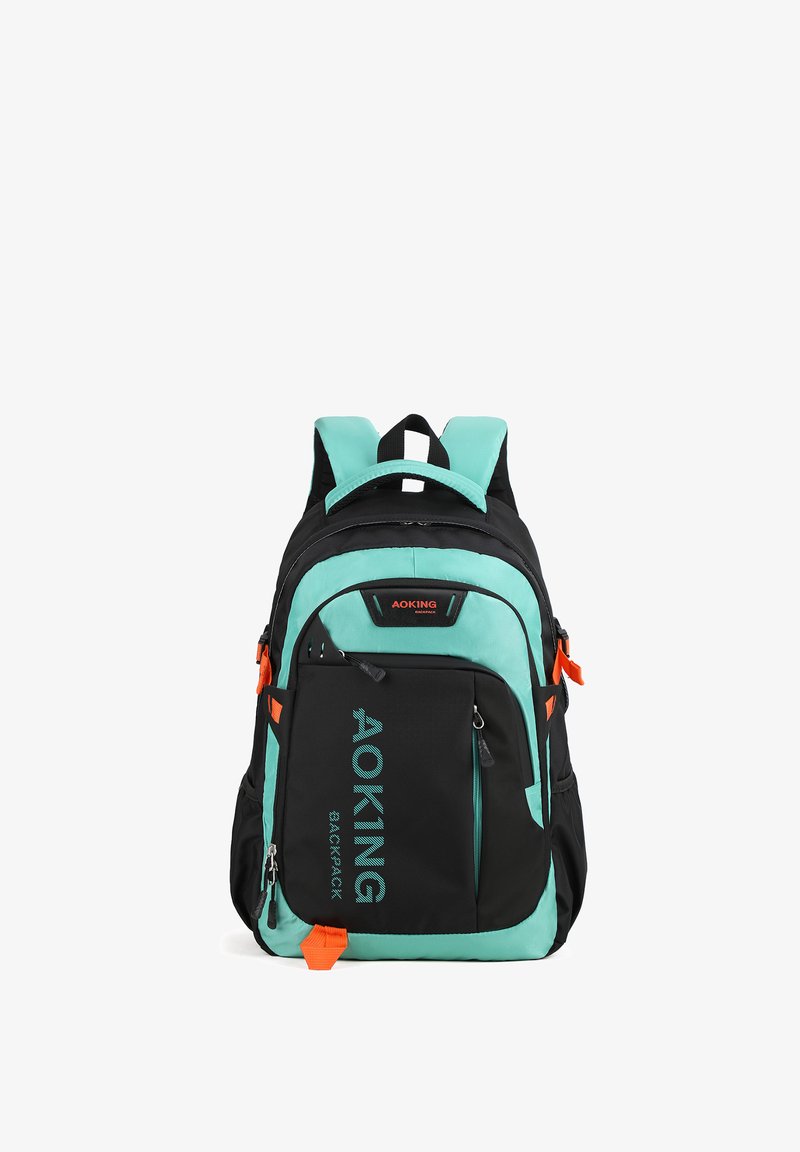 Sac à dos noir et turquoise avec des bretelles rembourrées, plusieurs compartiments zippés et des accents orange. Détails de logo de la marque.