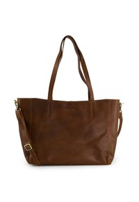 Bruine leren handtas met twee schouderbanden, een verstelbare crossbodyband en een geëmbossed logo. Gladde textuur met een minimalistisch ontwerp.