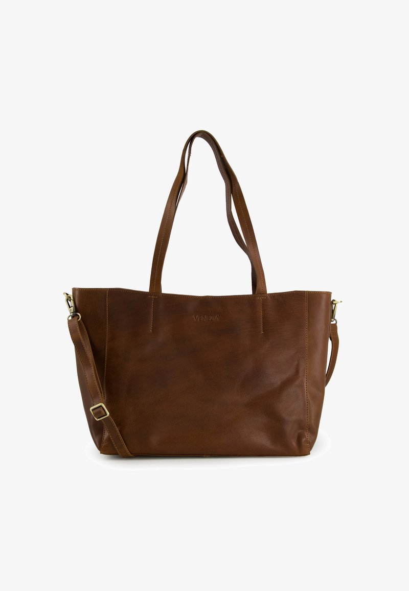 Bruine leren handtas met twee schouderbanden, een verstelbare crossbodyband en een geëmbossed logo. Gladde textuur met een minimalistisch ontwerp.