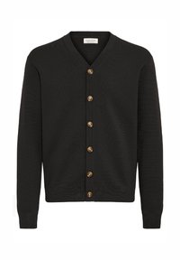 Juodas kardiganas iš tekstūruotos mezginio medžiagos; turi V formos iškirptę, priekį su auksinio tono sagomis ir ribotas rankogalius bei apačią.